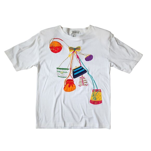 Vintage Victoria Harbour Purse Theme Tee, Beaded Embroidered White Cotton Shirt - Picture 3 of 5